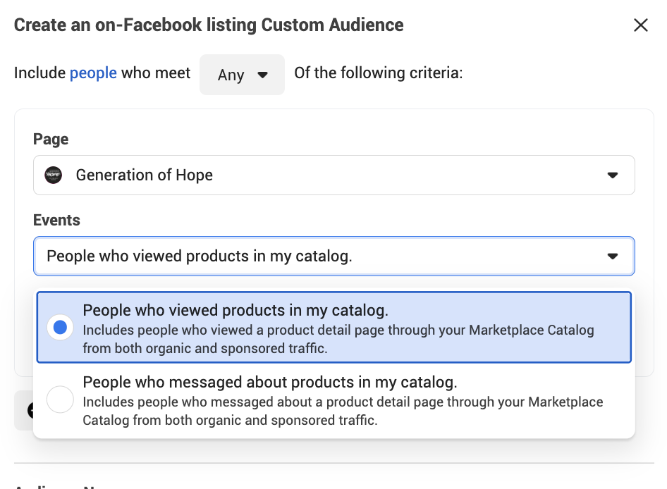 On-page Facebook Listing engagement custom audience